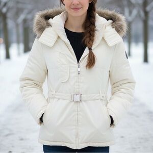 Insulated Hooded Winter Jacket with Waist-Cinching Belt - Ivory  - Large